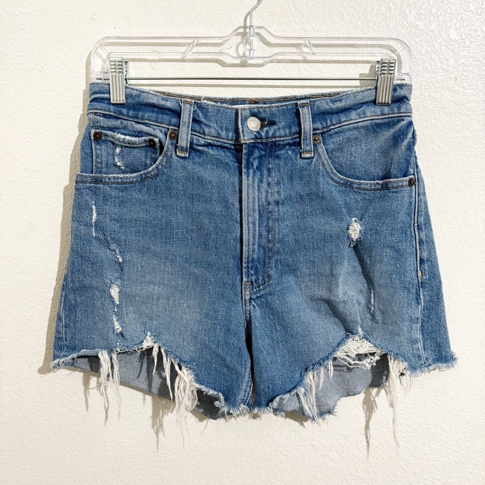 Abercrombie &‎ Fitch High Rise 4” Mom Denim Shorts in Medium Indigo Blue Destroy